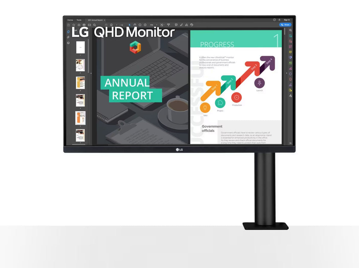 LG 27QN880-B Ergo Monitor előlnézetben ergo karon, asztalra szerelve. A kijelzőn üzleti prezentáció és lg qhd monitor logó.
