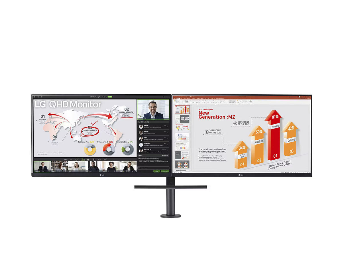 LG Dual monitor Ergo karral, 27QP88DP előlnézetben. A kijelzőn üzleti prezentáció.
