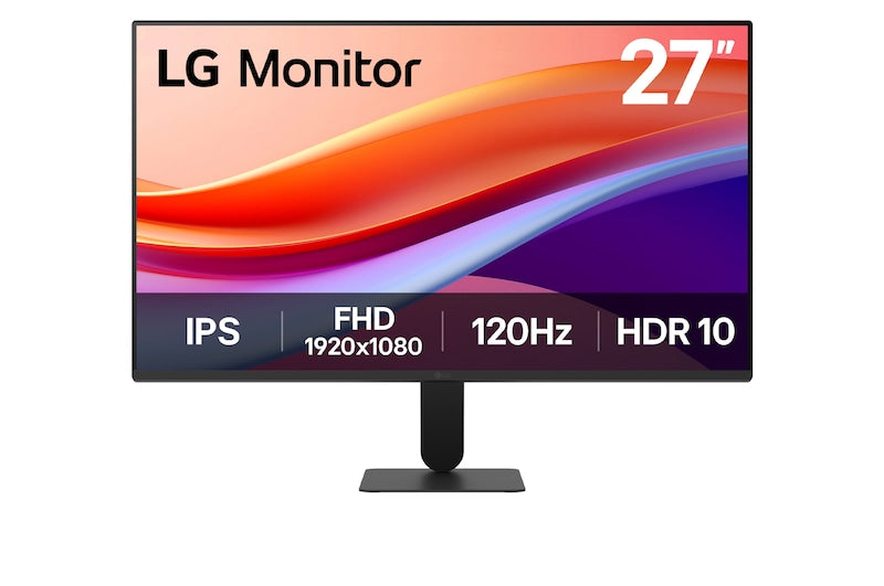 LG 27U411A-B Monitor előlnézetben talpon, enyhén balra fordítva. A kijelzőn a főbb paraméterek és kékes narancssárga absztrakt színek.