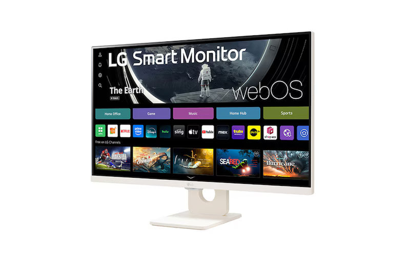LG 27U511SA-W monitor előlnézetben talpon, enyhén balra fordítva. A kijelzőn Smart kezdőképernyő és webos logó.
