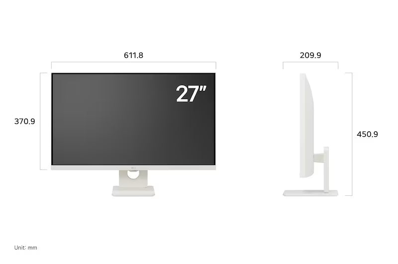 LG 27U511SA-W monitor méretei mm-ben.