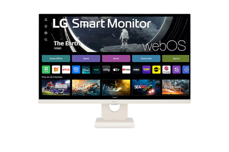 LG 27U511SA-W monitor előlnézetben, talpon. A kijelzőn Smart kezdőképernyő és webos logó.