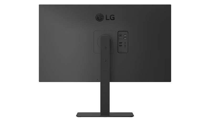 LG 27U730A-B Monitor hátulnézetben talpon.