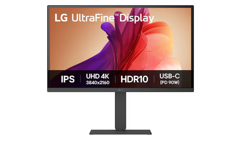 LG 27U730A-B Monitor előlnézetben talpon. A kijelzőn ultrafine display logó és főbb paraméterek.