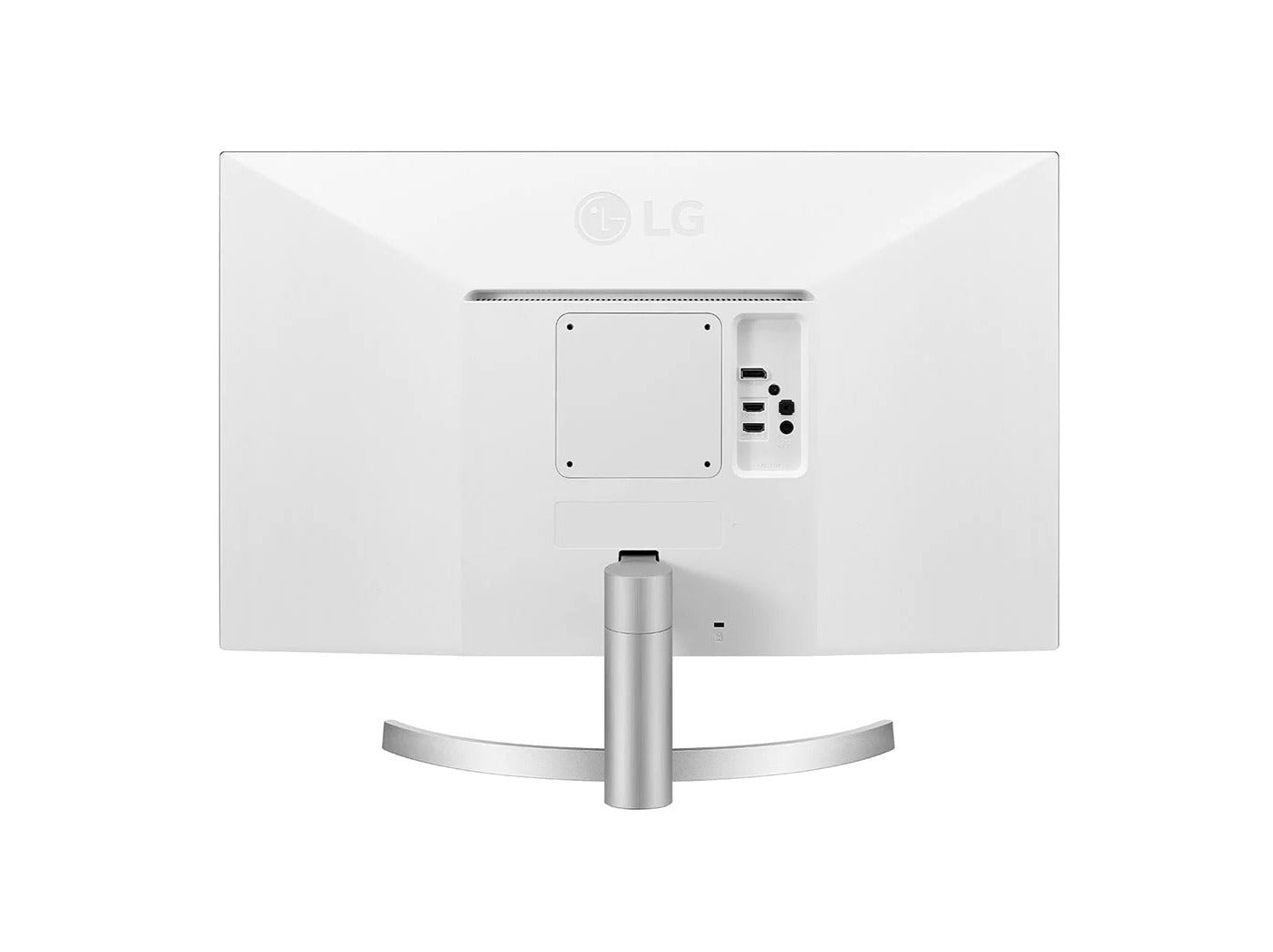 LG 27UL500-W 4K UHD IPS Paneles Monitor hátulnézetben, talpra szerelve.