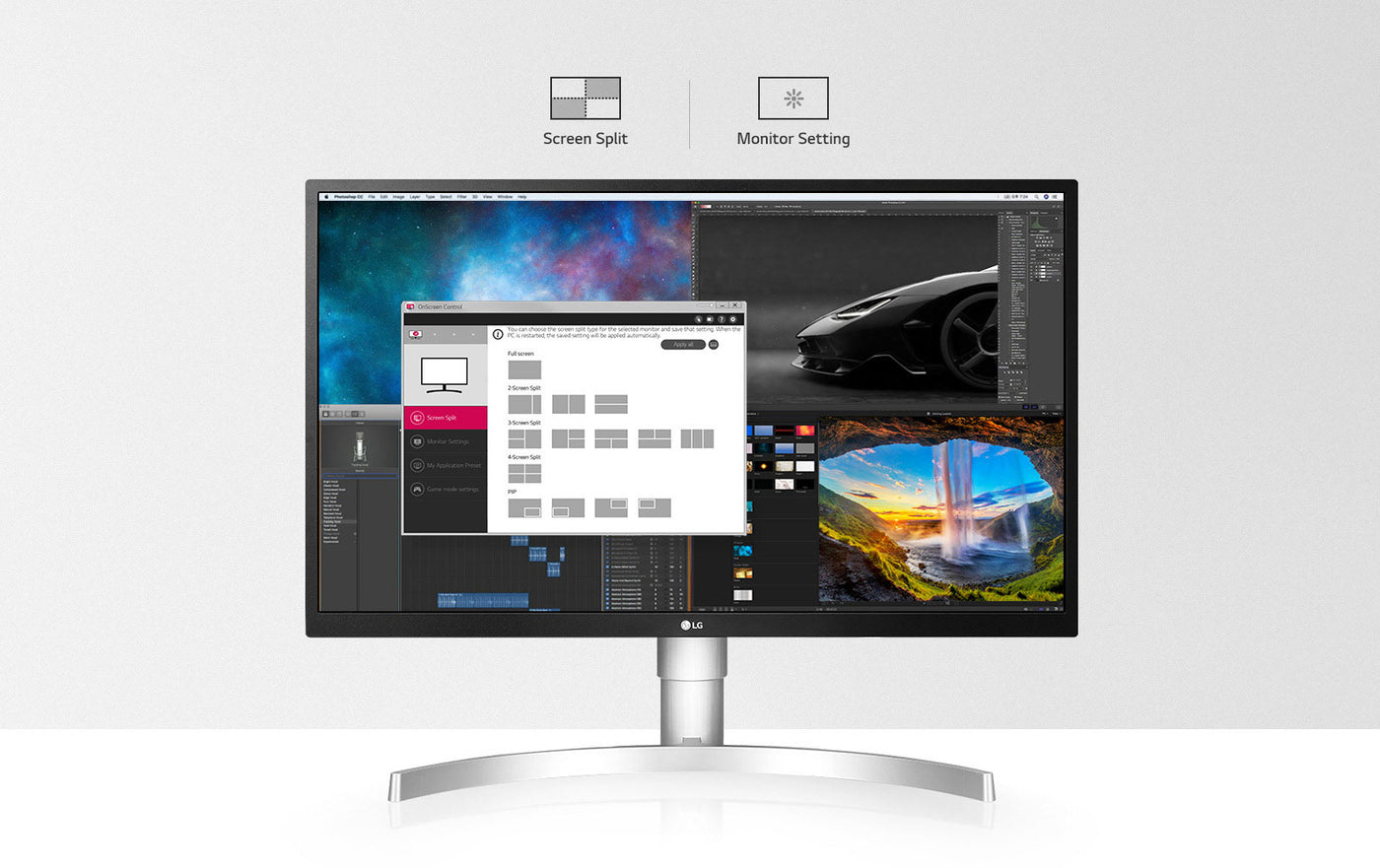 LG 27UL550-W monitor onscreen control szoftver támogatása és egyszerű menürendszere.