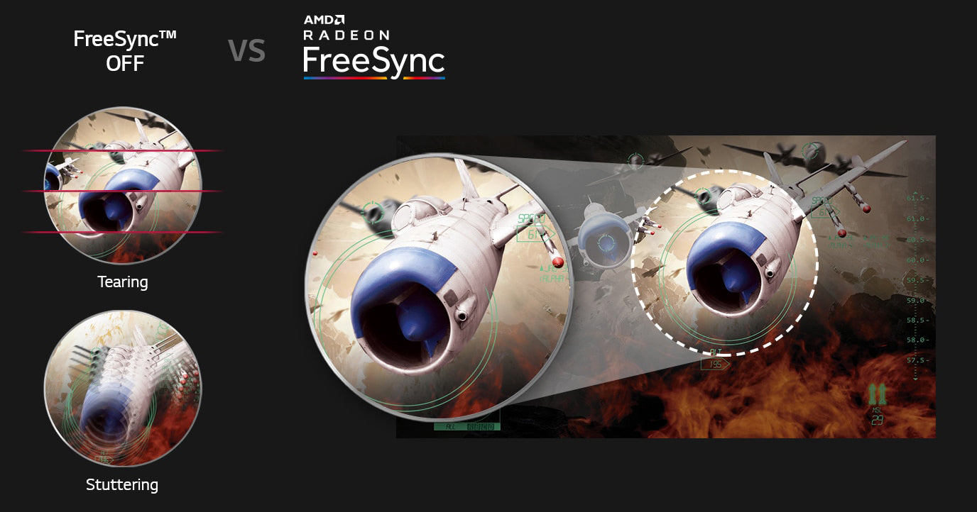 FreeSync OFF logó alatt elmosódva, akadozva megjelenített repülőgép szimulátor pillanatkép.A jobb oldalon AMD Radeon FreeSync logó alatt élesen és simán megjelenítve.
