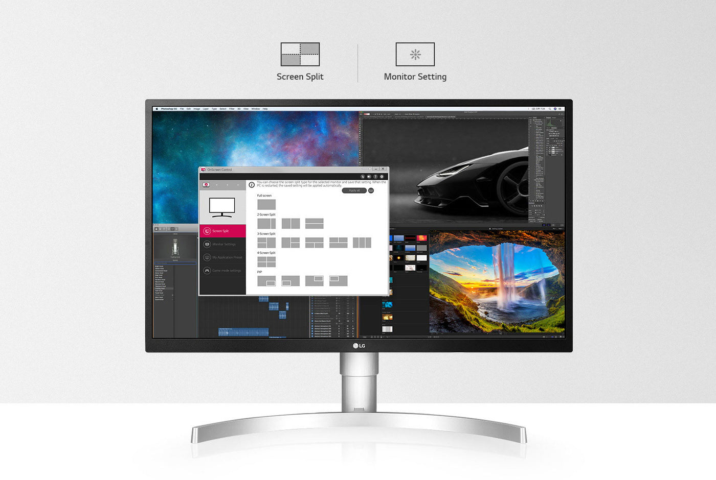 LG 27UL650-W monitor onscreen control szoftver támogatása és egyszerű menürendszere.