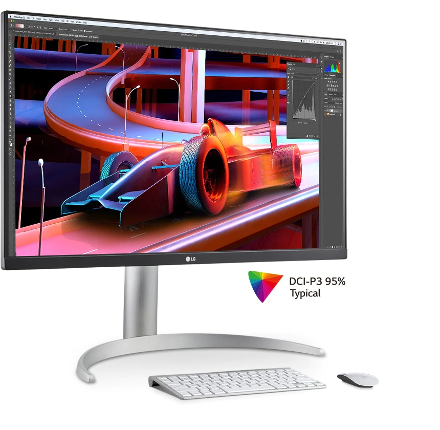 LG 27UP650-W Monitor DCI-P3 95%-os színtérlefedettsége prezentálva photoshop pillanatképen egy versenyautó újra színezésével.