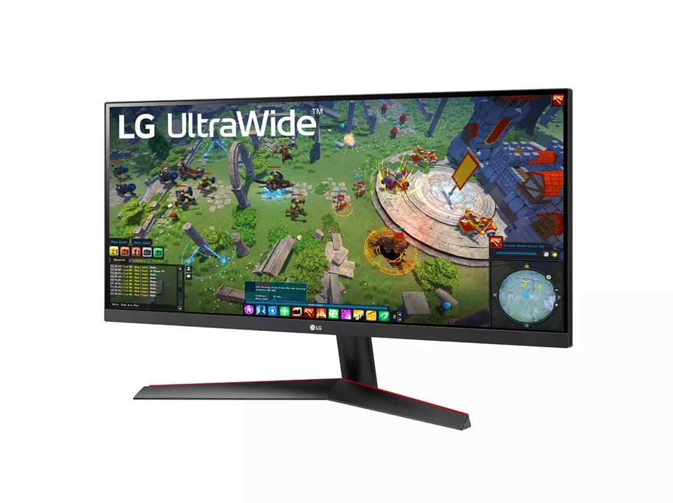 LG 29WP60G-B Monitor előlnézetben enyhén balra fordítva, talpon. A kijelzőn mmo rpg játék és lg ultrawide logó.