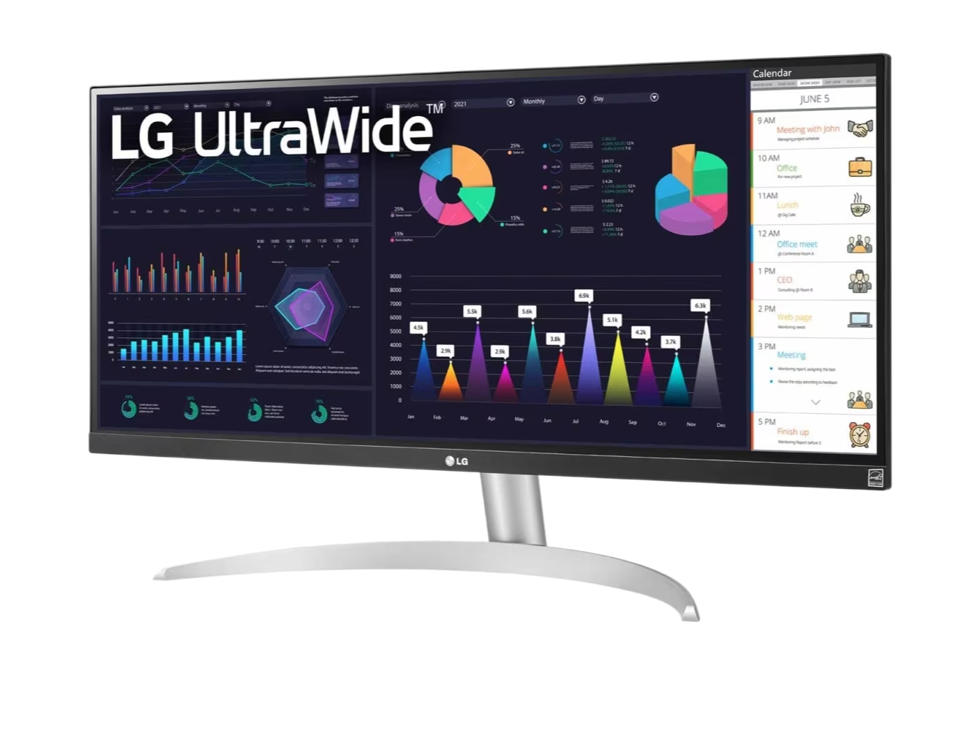 LG 29WQ600-W Monitor előlnézetben enyhén balra fordítva, talpon. A kijelzőn diagramok, naptár és lg ultrawide logó.