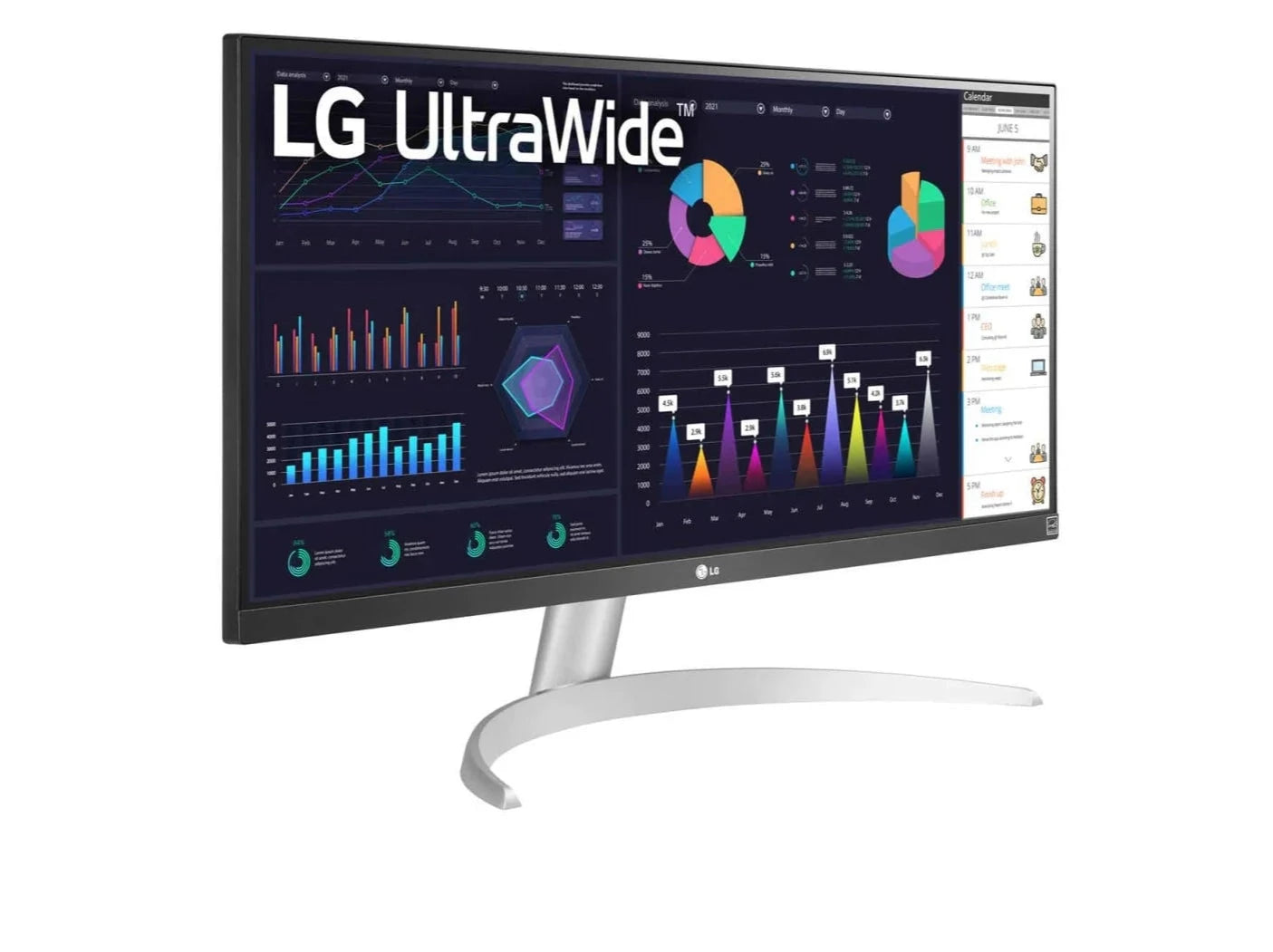 LG 29WQ600-W Monitor előlnézetben jobbra fordítva, talpon. A kijelzőn diagramok, naptár és lg ultrawide logó.