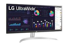 LG 29WQ600-W Monitor előlnézetben enyhén jobbra fordítva, talpon. A kijelzőn diagramok, naptár és lg ultrawide logó.