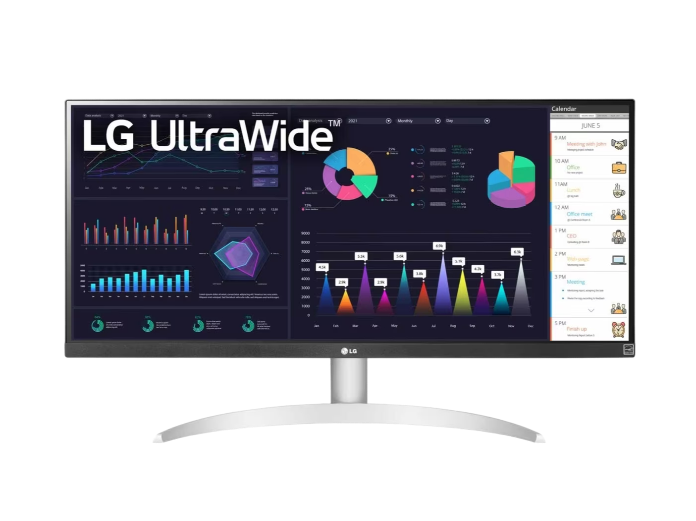LG 29WQ600-W Monitor előlnézetben, talpon. A kijelzőn diagramok, naptár és lg ultrawide logó.