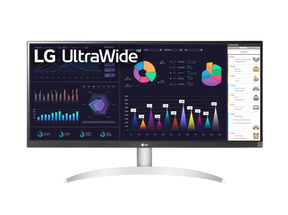 LG 29WQ600-W Monitor előlnézetben, talpon. A kijelzőn diagramok, naptár és lg ultrawide logó.