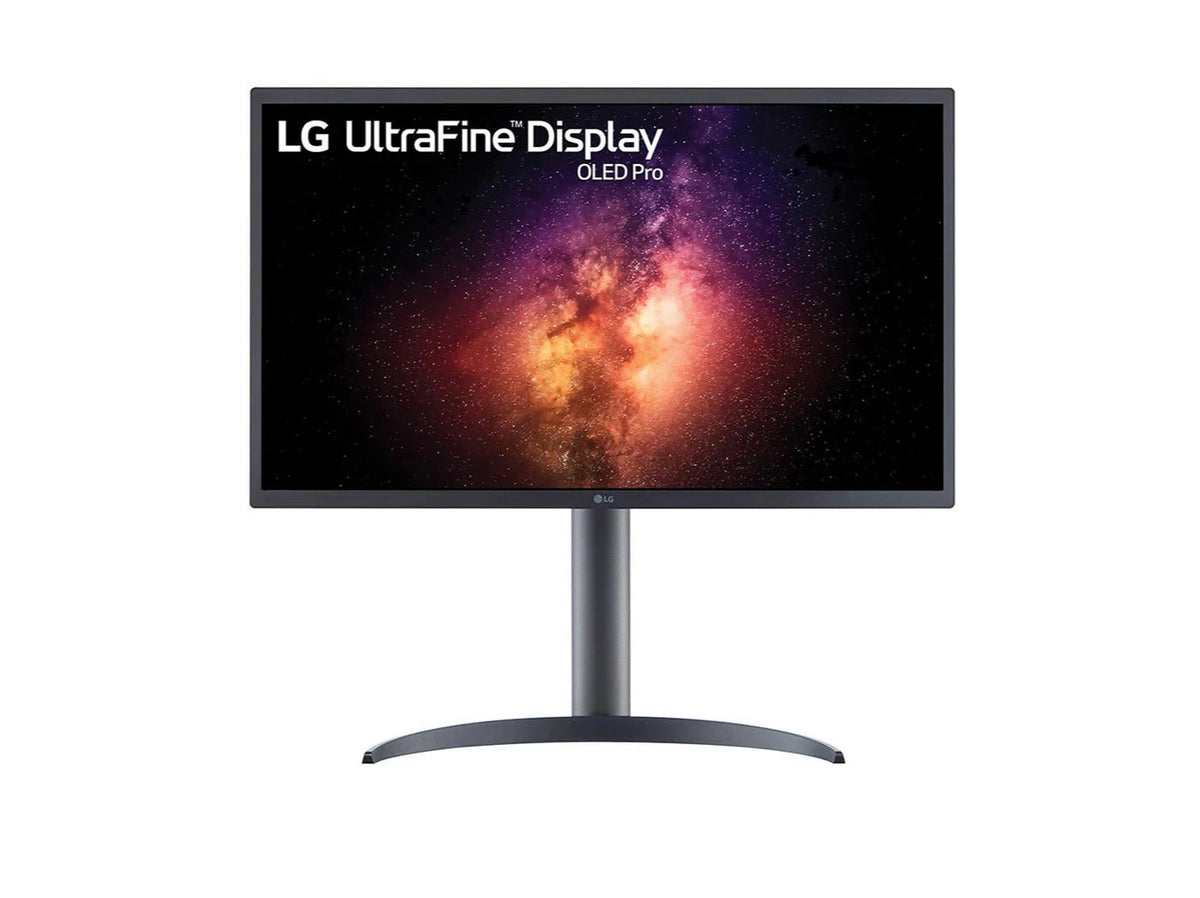 LG 32EP950-B 4K OLED Monitor előlnézetben, talpon. A kijelzőn világűr és galaxisok lg ultrafine display oled pro logóval.