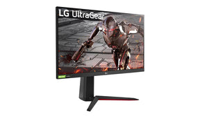 LG 32GN550-B monitor előlnézetben jobbra fordítva, talpon. A kijelzőn robot harcol fegyverrel a kezében.