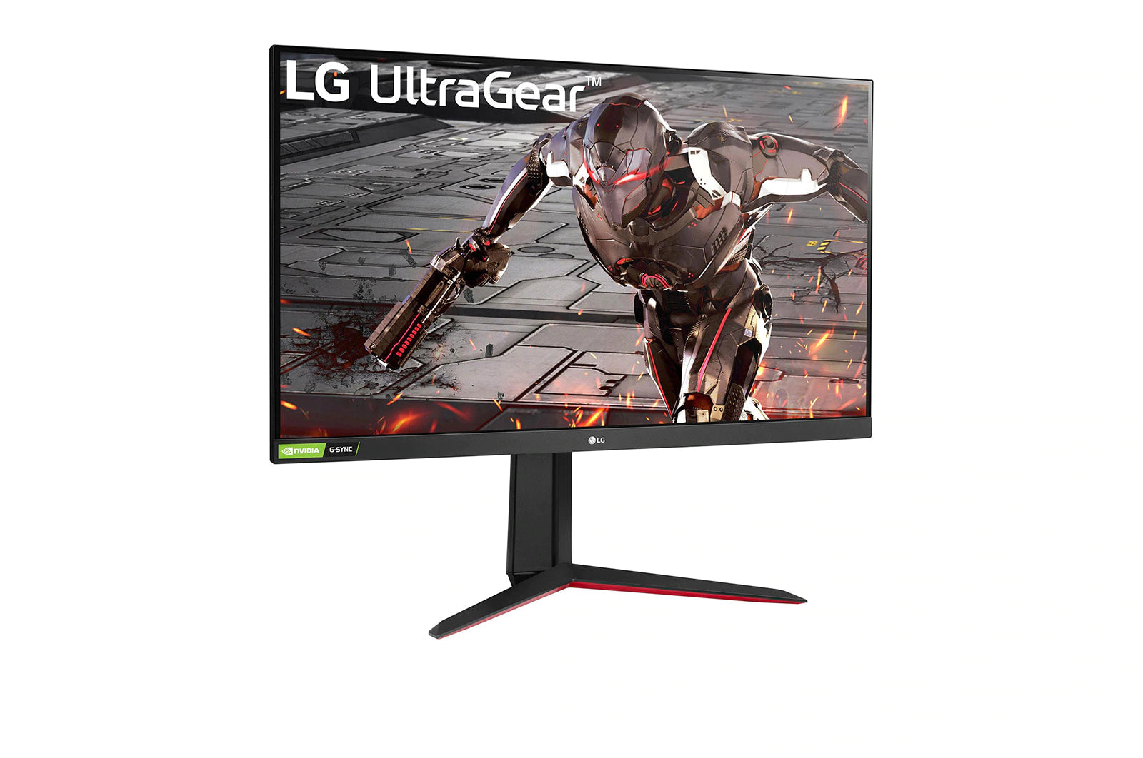 LG 32GN550-B monitor előlnézetben enyhén jobbra fordítva, talpon. A kijelzőn robot harcol fegyverrel a kezében.