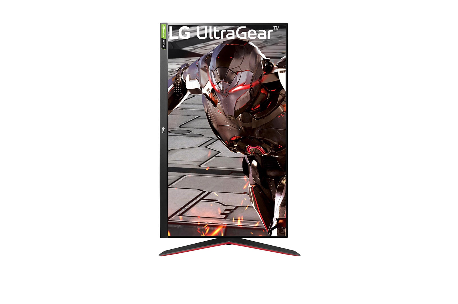 LG 32GN550-B monitor előlnézetben pivot módban elforgatva, talpon.