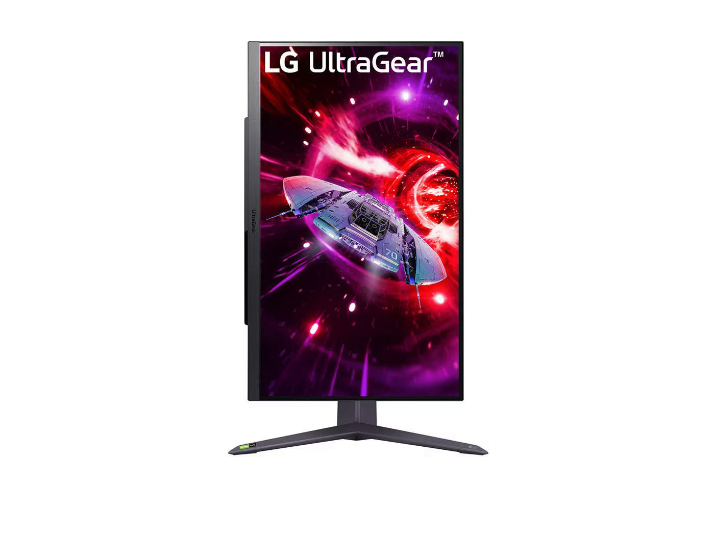 LG 32GR75Q-B 2K Gaming monitor előlnézetben talpon, pivot módban elforgatva. A kijelzőn ultragear logó és lila színekben száguldó űrhajó.