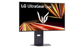 LG 32GX850A-B Monitor előlnézetben talpon, enyhén jobbra fordítva. A kijelzőn sárgás piros absztrakt ábra és lg ultragear oled logó.