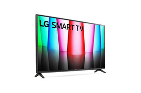 LG 32LQ570B Smart Televízió előlnézetben jobbra fordítva, talpon. A kijelzőn színes gúla alakzatok.