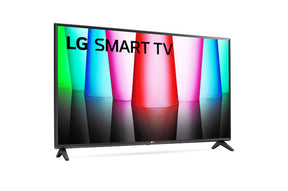 LG 32LQ570B Smart Televízió előlnézetben enyhén jobbra fordítva, talpon. A kijelzőn színes gúla alakzatok.