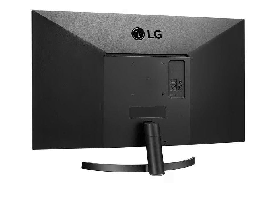 LG 32MN500M-B Monitor hátulnézetben enyhén balra fordítva, talpon.