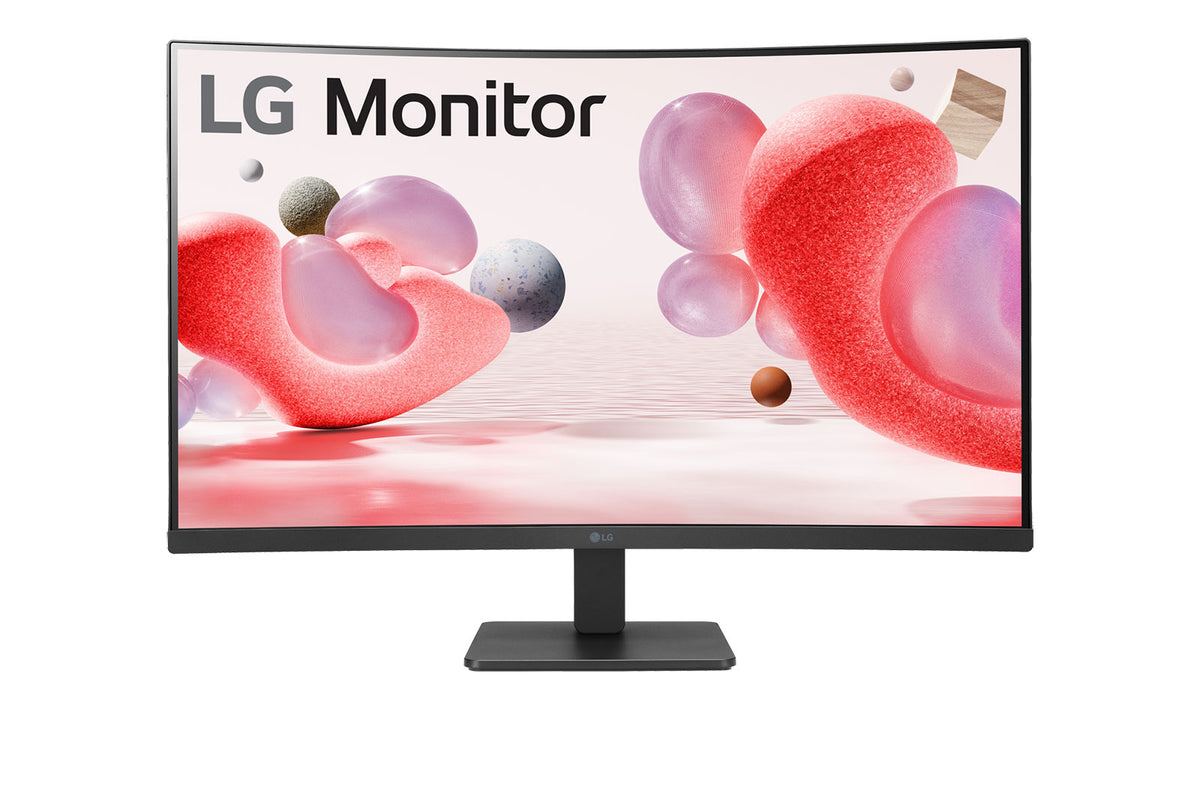 LG 32MR50C-B Monitor előlnézetben talpon. A kijelzőn lg monitor logó és világos piros alakzatok vízfelszín felett.