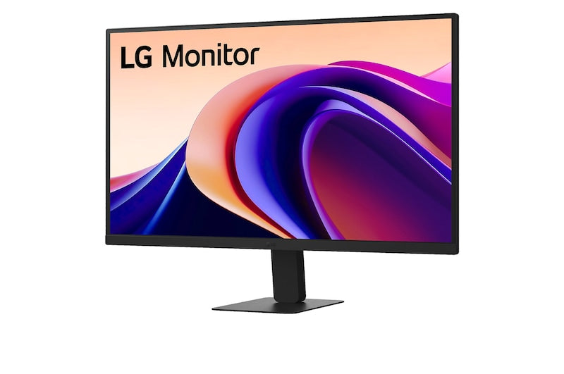 LG 32U631A-B Monitor előlnézetben enyhén balra fordítva, talpon. A kijelzőn lilás narancssárga absztrakt ábra.