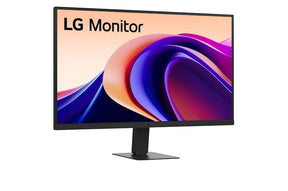 LG 32U631A-B Monitor előlnézetben enyhén jobbra fordítva, talpon. A kijelzőn lilás narancssárga absztrakt ábra.