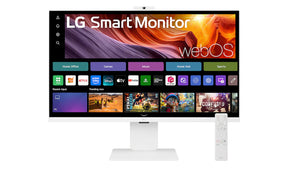 LG 32U850SA-W Monitor előlnézetben talpon. A kjelzőn lg smart monitor logó és webos kezdőképernyő.