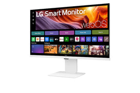 LG 32U850SA-W Monitor előlnézetben talpon, enyhén balra fordítva. A kjelzőn lg smart monitor logó és webos kezdőképernyő.