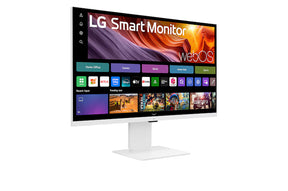 LG 32U850SA-W Monitor előlnézetben talpon, jobbra fordítva. A kjelzőn lg smart monitor logó és webos kezdőképernyő.
