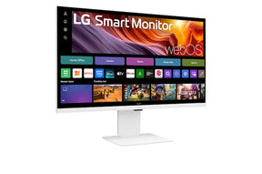 LG 32U850SA-W Monitor előlnézetben talpon, enyhén jobbra fordítva. A kjelzőn lg smart monitor logó és webos kezdőképernyő.