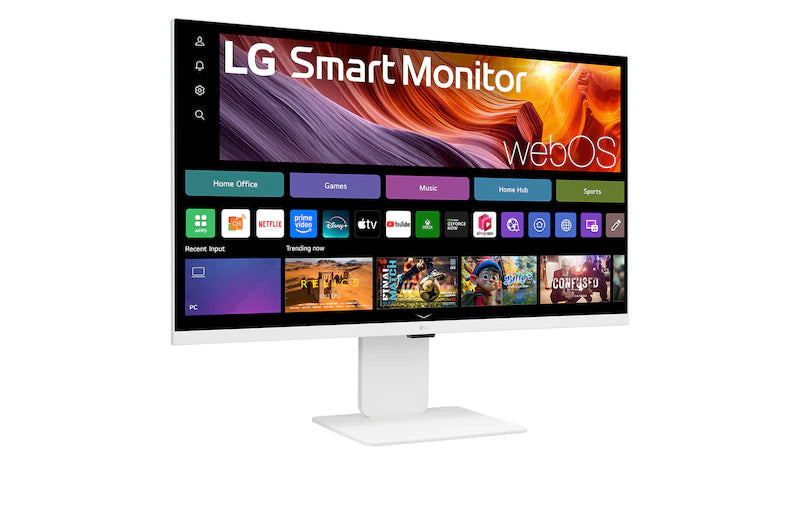 LG 32U850SA-W Monitor előlnézetben talpon, enyhén jobbra fordítva. A kjelzőn lg smart monitor logó és webos kezdőképernyő.