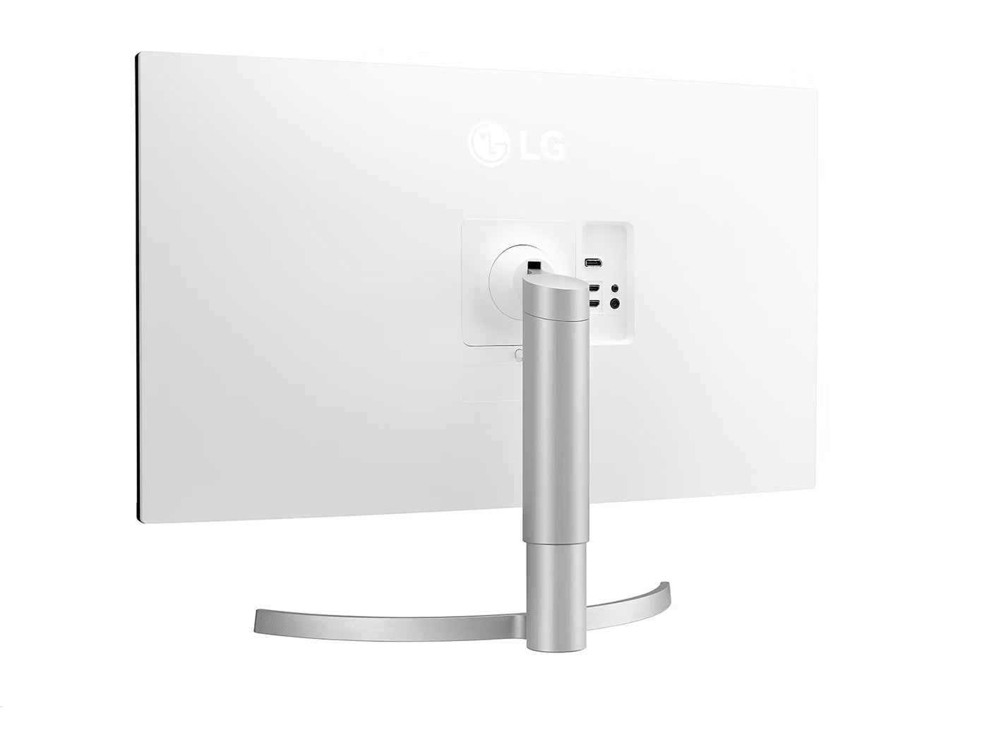 LG 32UN550-W Monitor hátulnézetben enyhén balra fordítva talpon.