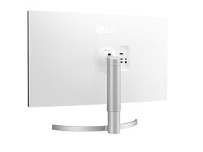 LG 32UN550-W Monitor hátulnézetben enyhén balra fordítva talpon.