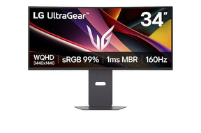 LG 34G600A-B Monitor előlnézetben talpon. A kijelzőn a főbb paraméterek és lg ultragear logó.