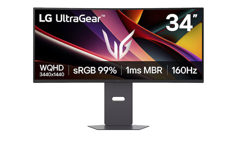 LG 34G600A-B Monitor előlnézetben talpon. A kijelzőn a főbb paraméterek és lg ultragear logó.