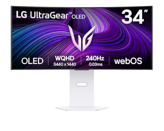 LG 34GX90SA-W monitor előlnézetben talpon. A képernyőn lg ultragear oled logó és kékes lila absztrakt ábra.
