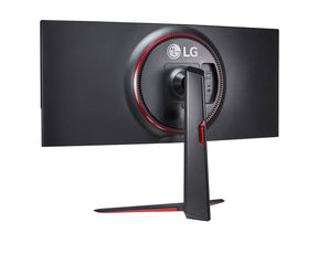 LG 34GN850P-B Monitor hátulnézetben enyhén balra fordítva, talpon.