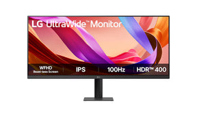 LG 34U511A-B Monitor előlnézetben talpon. A kijelzőn lg ultrawide logó és a főbb paraméterek.
