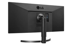 LG 34WN700-B Monitor hátulnézetben enyhén balra fordítva, talpon.