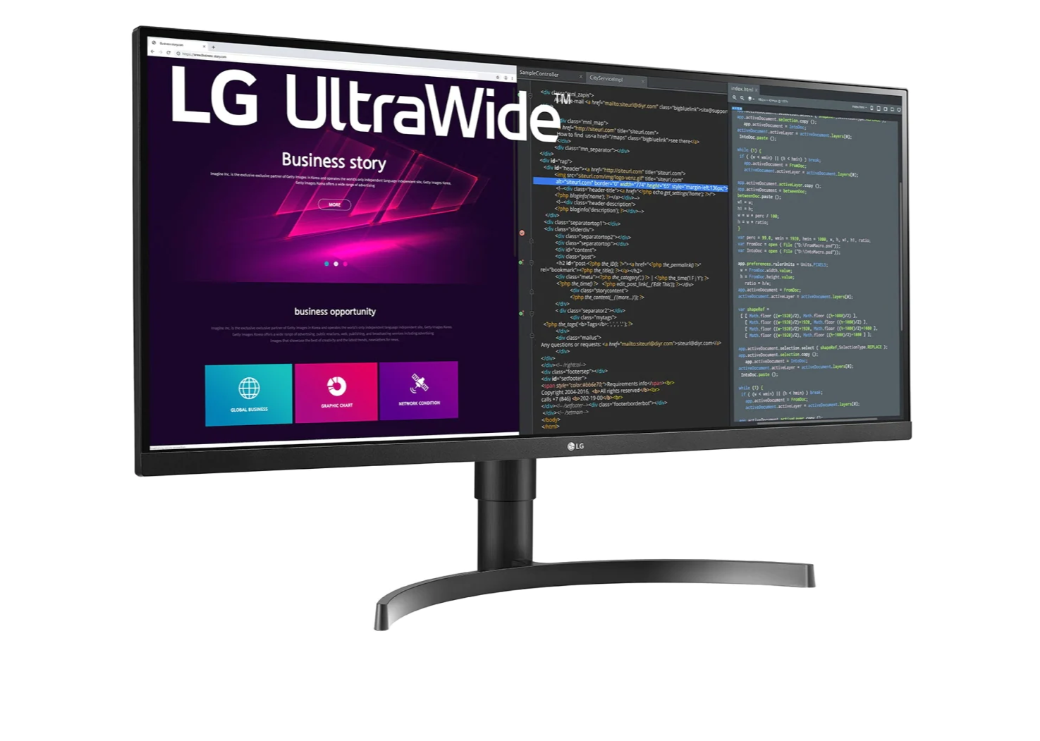 LG 34WN700-B Monitor előlnézetben enyhén jobbra fordítva, talpon. A kijelzőn webfejlesztés pillanatkép és lg ultrawide logó.