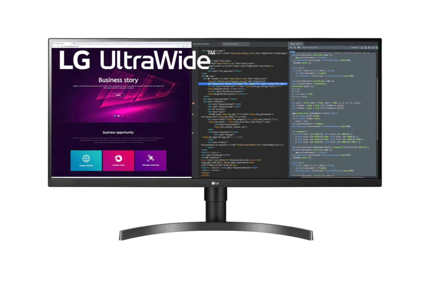 LG 34WN700-B Monitor előlnézetben, talpon. A kijelzőn webfejlesztés pillanatkép és lg ultrawide logó.
