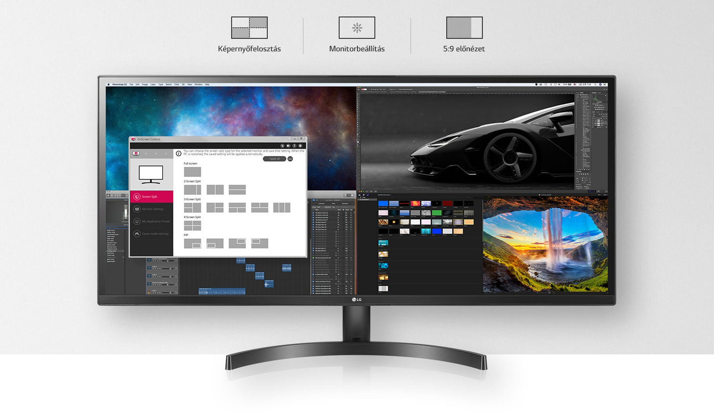 LG 34WN750-B monitor onscreen control szoftver támogatása és egyszerű menürendszere.