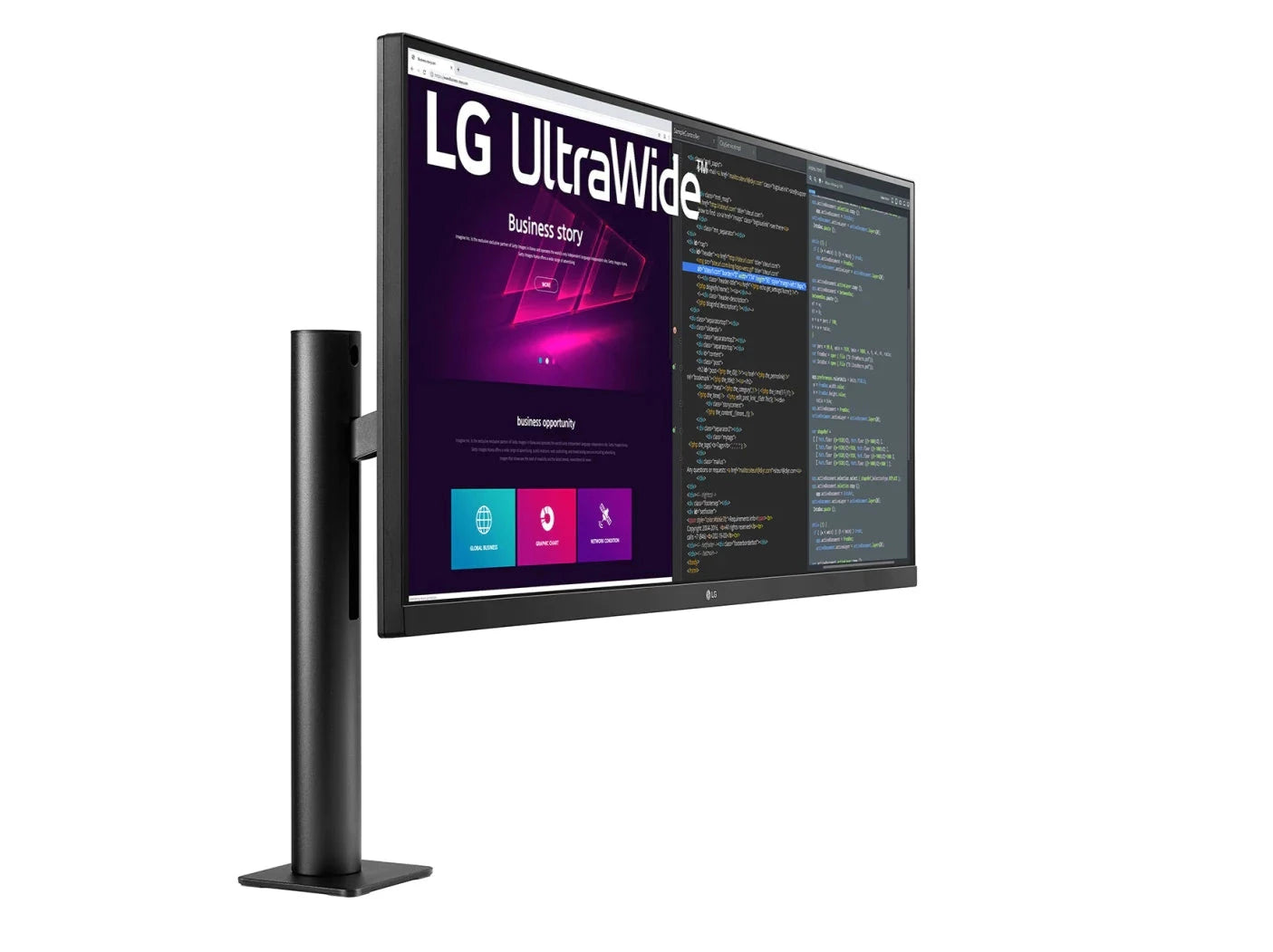LG 34WN780-B Monitor előlnézetben jobbra fordítva, ergo állványon. A kijelzőn webfejlesztés és lg ultrawide logó.