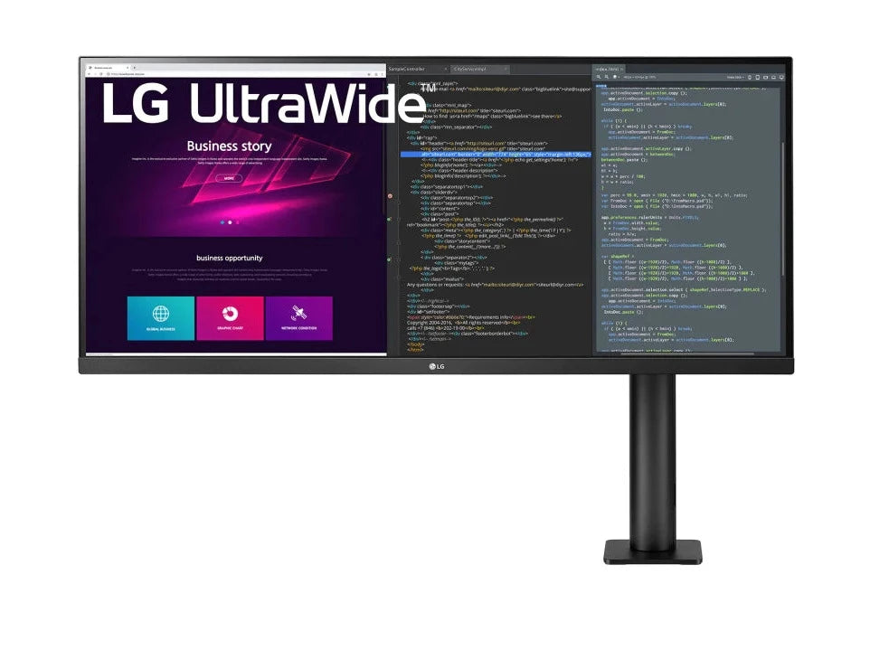 LG 34WN780-B Monitor előlnézetben, ergo állványon. A kijelzőn webfejlesztés és lg ultrawide logó.