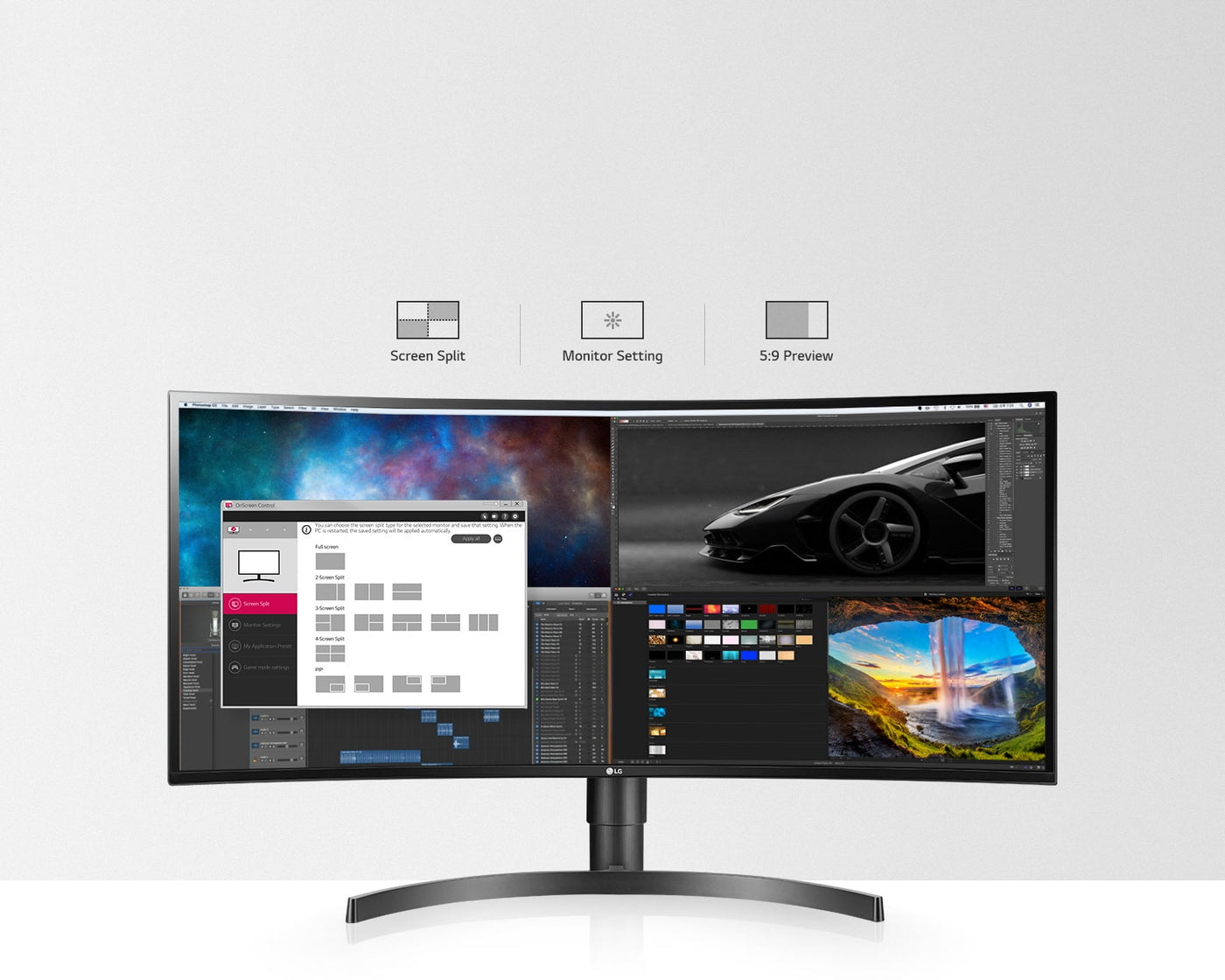 LG 34WN80C-B monitor onscreen control szoftver támogatása és egyszerű menürendszere.